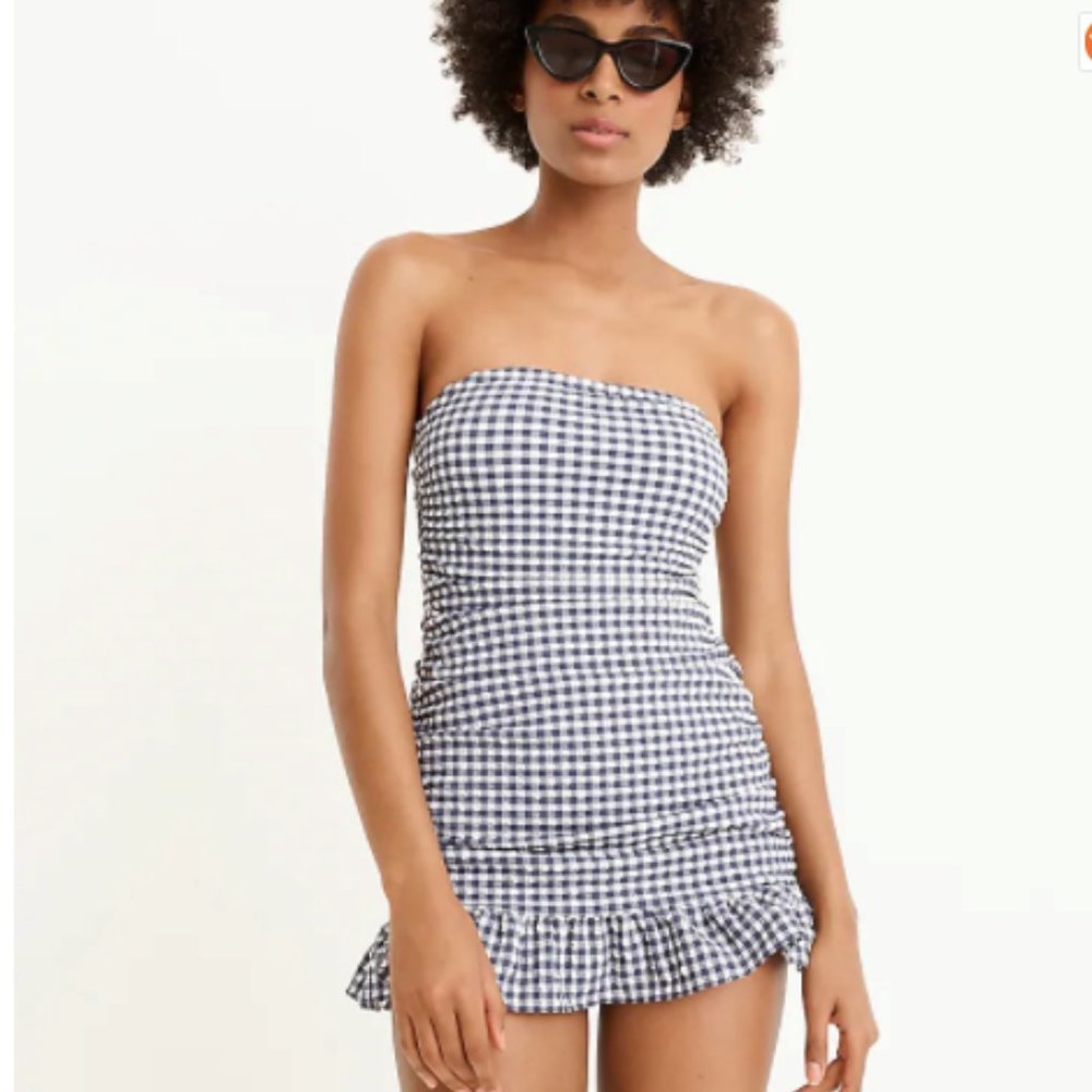 J. Crew Black and White Gingham Strapless One-Piece Swimsuit